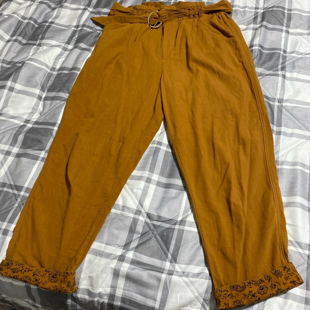 Anthropologie Paperbag Waist Cotton Pants Mustard Floral Cuffs Boho Style Size M - Picture 2 of 13